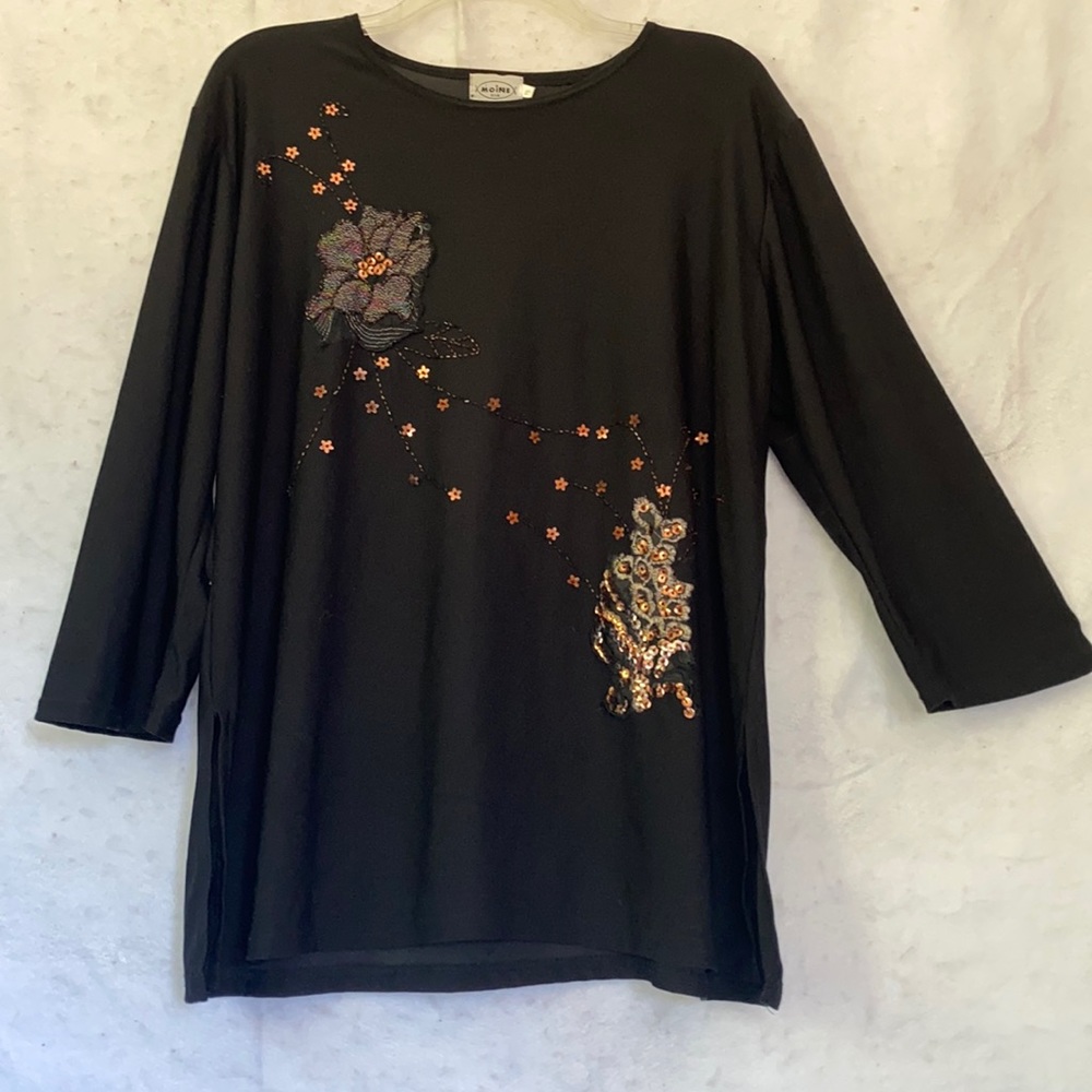Moine USA Black Sequin Beaded Embroidered Floral Cocktail Evening Top XL